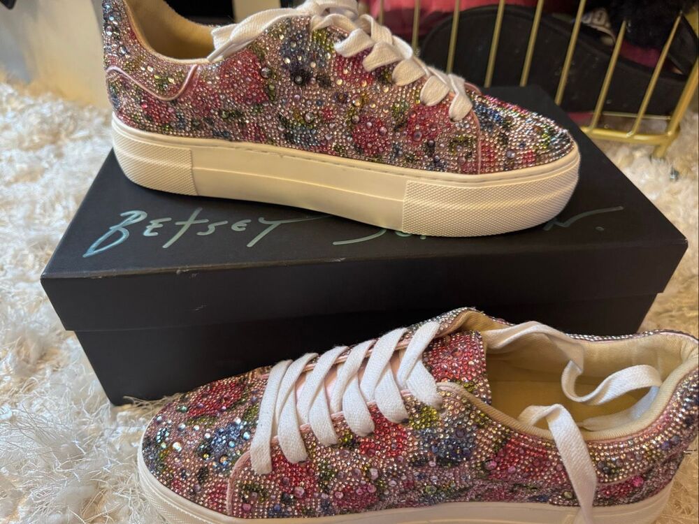 Betsey Johnson Sidney floral rhinestone crystal sneakers flats shoes casual 8 ni